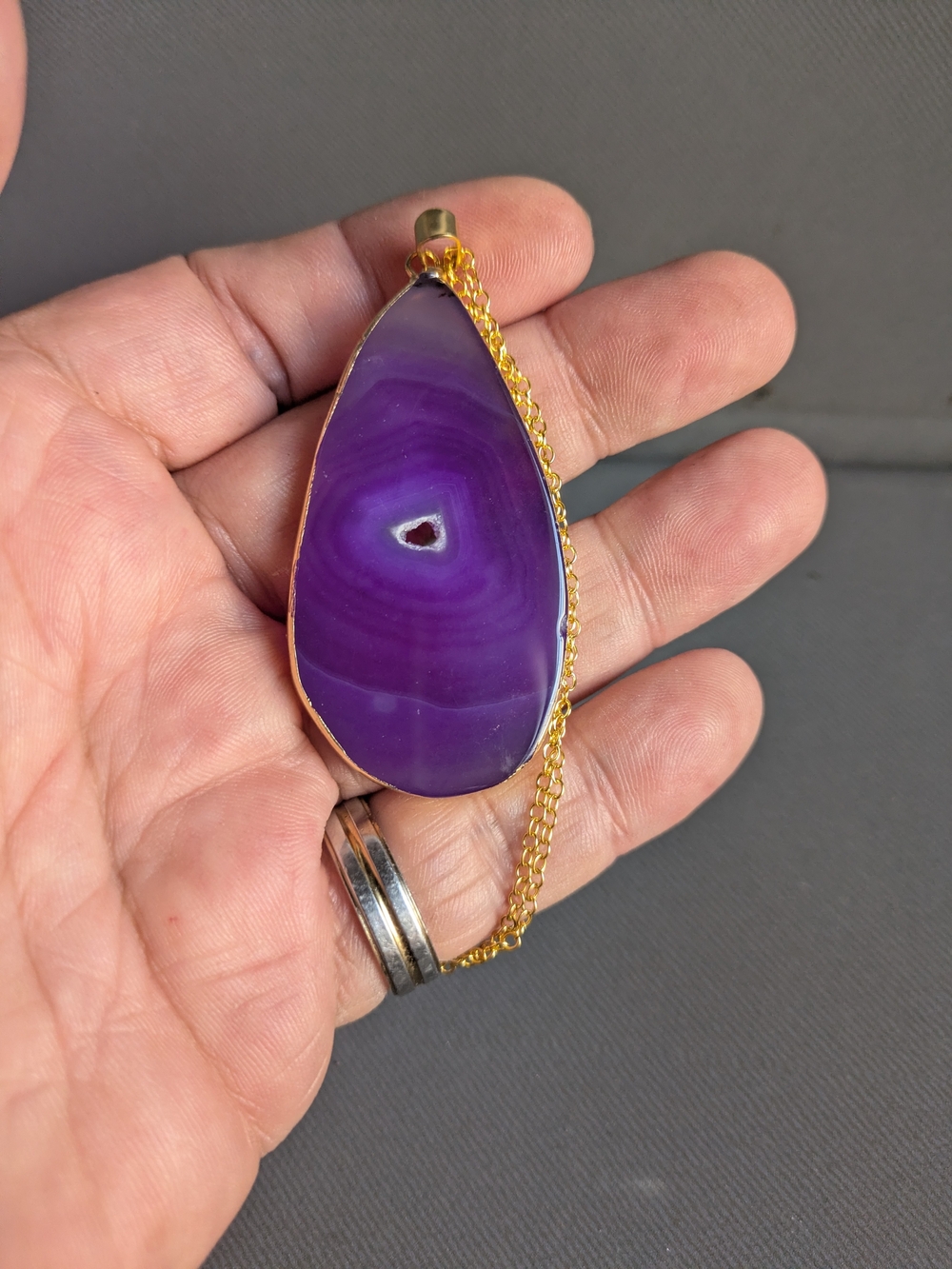 Purple Teardrop Agate Pendant Necklace - Gold Chain